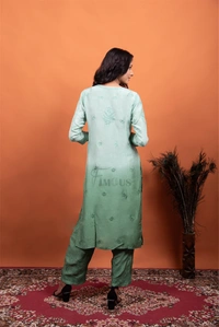 Mint Green Muslin Chikankari Kurti Plazo Set - Mint Green, L(40)