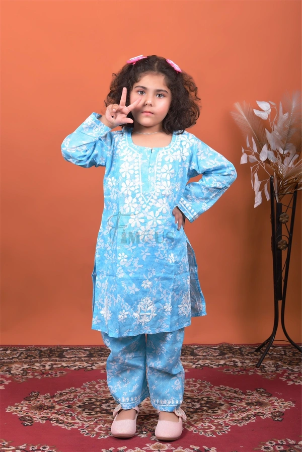 Blue Mulmul Print Chikankari Kids Dress - Blue, 22