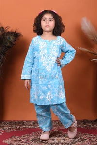 Blue Mulmul Print Chikankari Kids Dress - Blue, 22