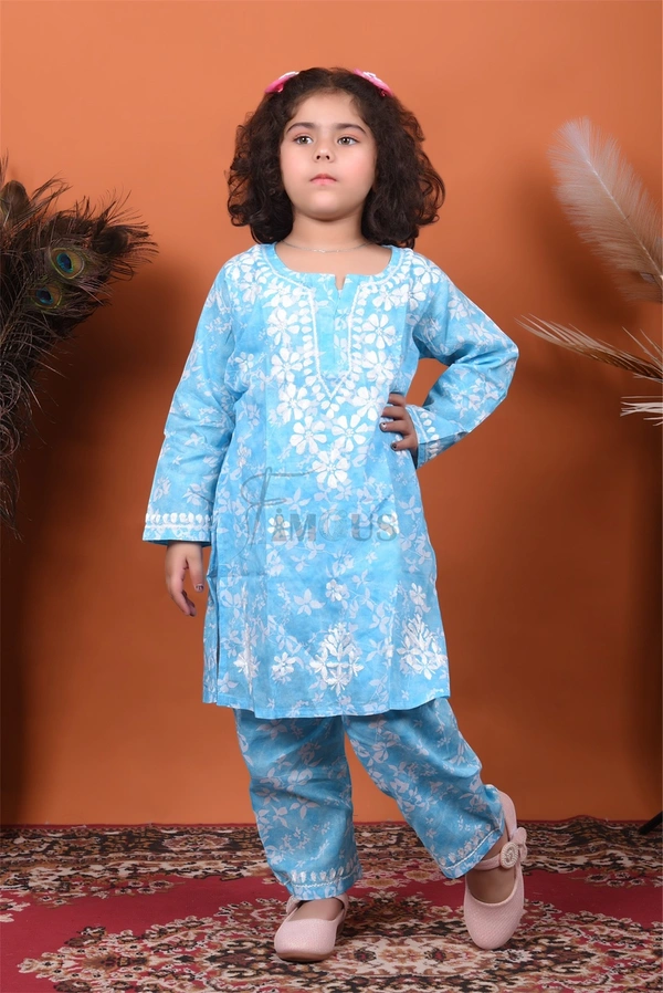 Blue Mulmul Print Chikankari Kids Dress - Blue, 22