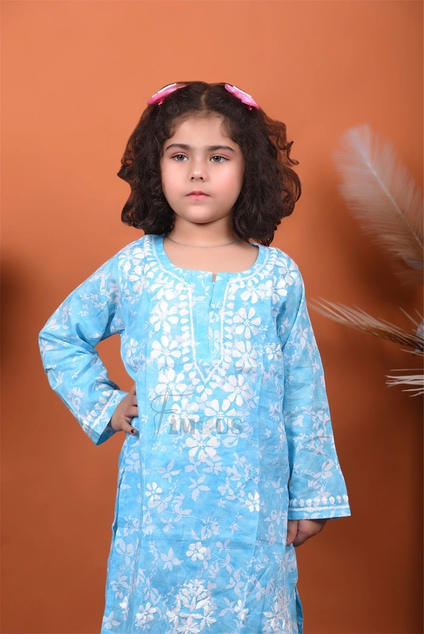 Blue Mulmul Print Chikankari Kids Dress - Blue, 22
