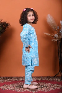 Blue Mulmul Print Chikankari Kids Dress - Blue, 22