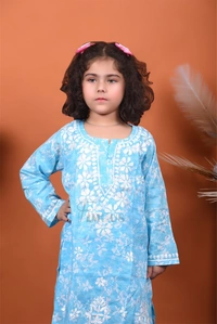 Blue Mulmul Print Chikankari Kids Dress - Blue, 36