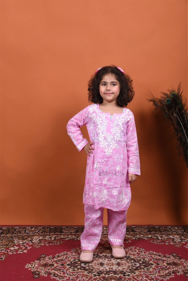 Pink Mulmul Print Chikankari Kids Dress - Pink, 34