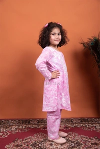 Pink Mulmul Print Chikankari Kids Dress - Pink, 34