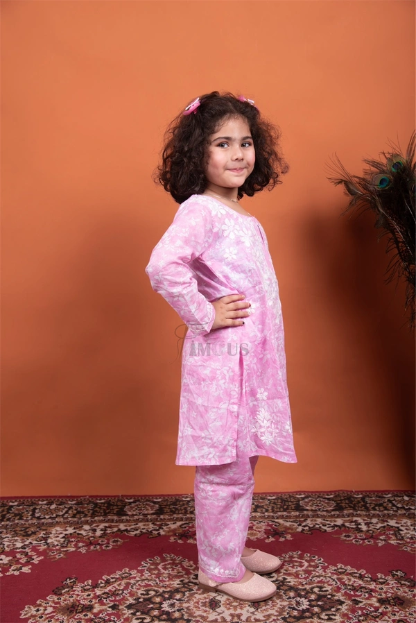 Pink Mulmul Print Chikankari Kids Dress - Pink, 34