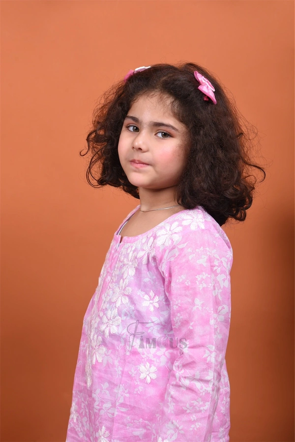 Pink Mulmul Print Chikankari Kids Dress - Pink, 34