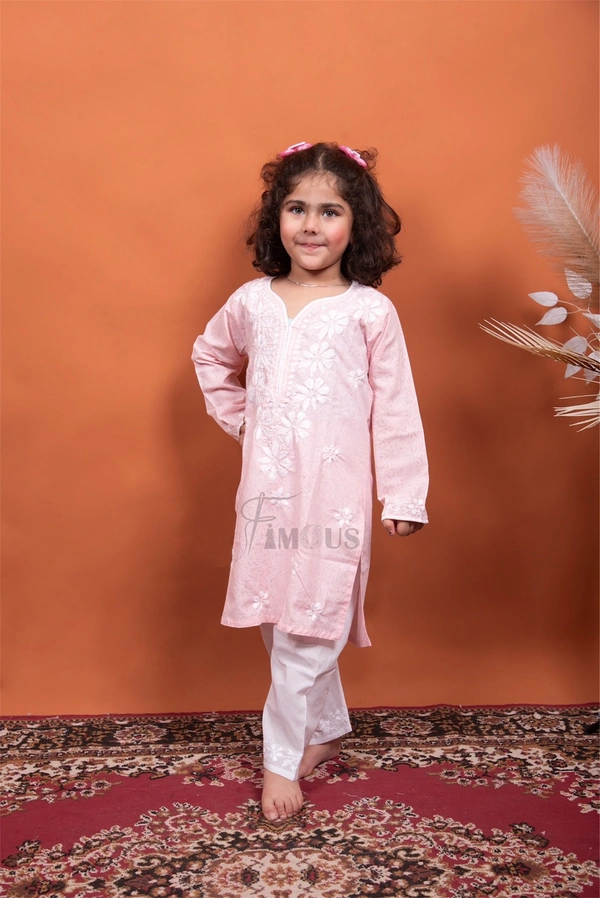 Peach Chikankari Kids Kurti Plazo Sets  - Peach, 22