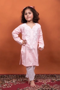 Peach Chikankari Kids Kurti Plazo Sets  - Peach, 26