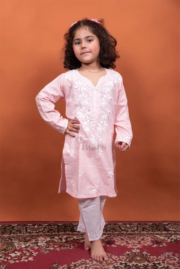 Peach Chikankari Kids Kurti Plazo Sets  - Peach, 26