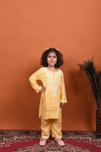 Yellow Reyon Chikankari Kids Dress - Yellow, 22