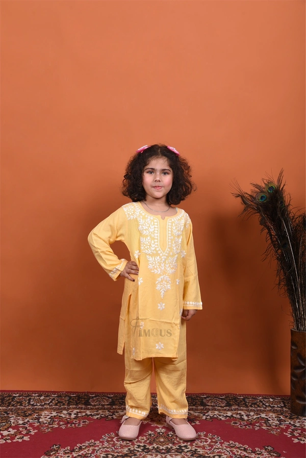 Yellow Reyon Chikankari Kids Dress - Yellow, 22