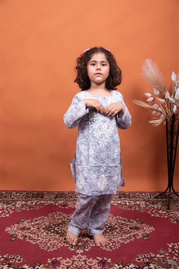 Grey Mulmul Print Chikankari Kids Dress - Grey, 36
