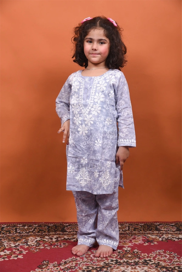 Grey Mulmul Print Chikankari Kids Dress - Grey, 36