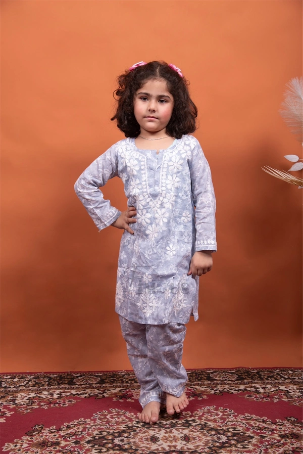 Grey Mulmul Print Chikankari Kids Dress - Grey, 36