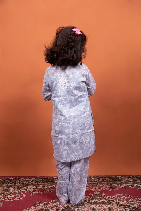 Grey Mulmul Print Chikankari Kids Dress - Grey, 36