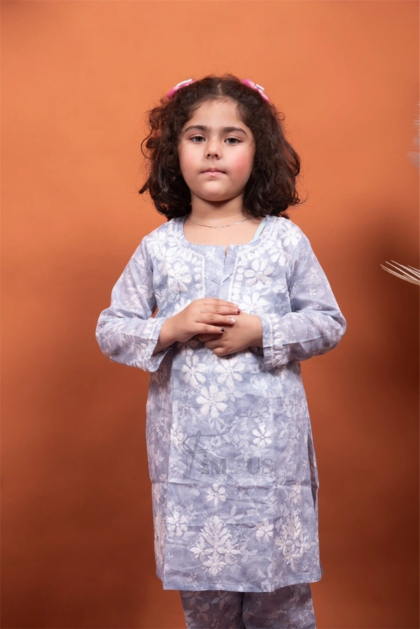 Grey Mulmul Print Chikankari Kids Dress - Grey, 36