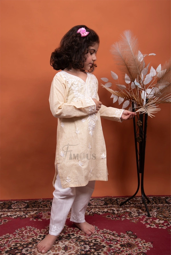Beige Chikankari Kids Kurti Plazo Sets  - Beige, 20