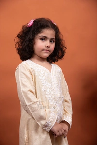 Beige Chikankari Kids Kurti Plazo Sets  - Beige, 30
