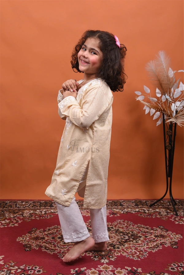 Beige Chikankari Kids Kurti Plazo Sets  - Beige, 34