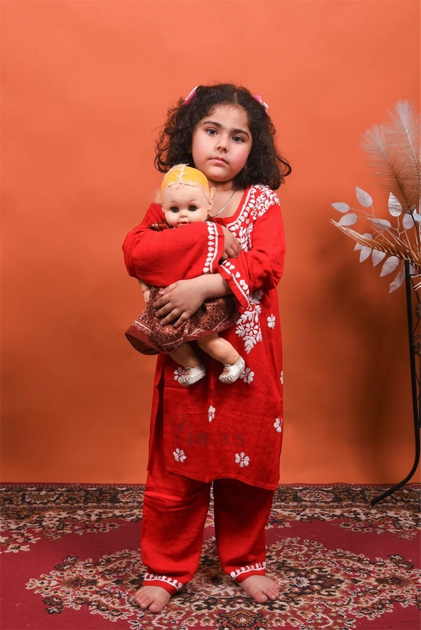Red Reyon Chikankari Kids Dress - Red, 34