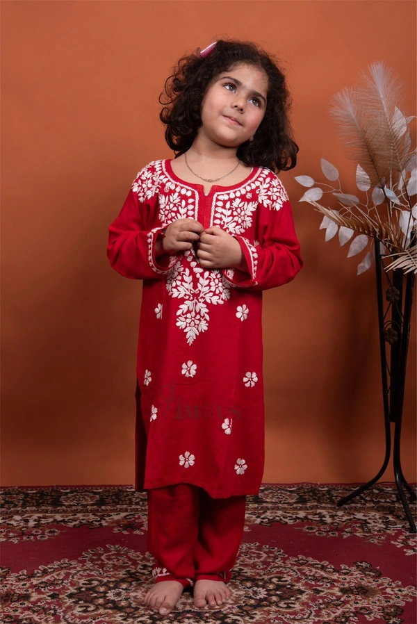 Red Reyon Chikankari Kids Dress - Red, 34