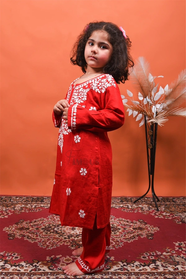 Red Reyon Chikankari Kids Dress - Red, 34