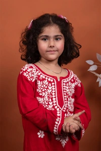Red Reyon Chikankari Kids Dress - Red, 34
