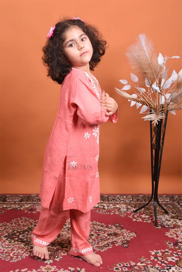 Carrot Pink Reyon Chikankari Kids Dress - Carrot Pink, 34