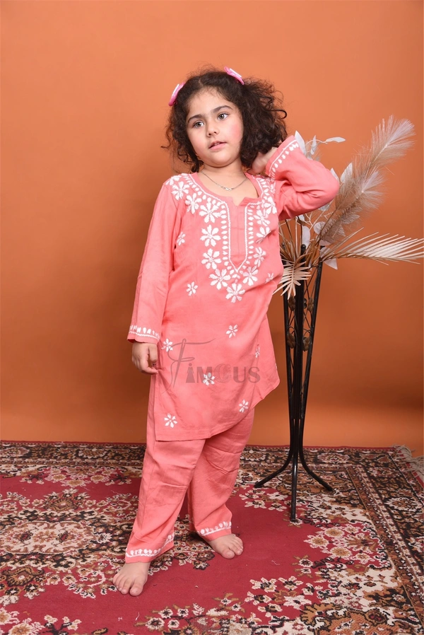 Carrot Pink Reyon Chikankari Kids Dress - Carrot Pink, 34