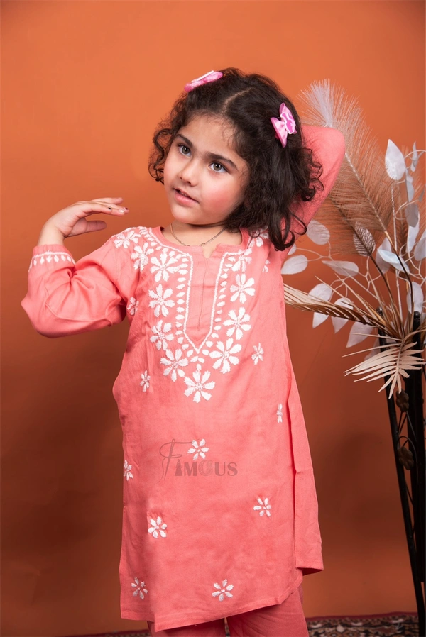 Carrot Pink Reyon Chikankari Kids Dress - Carrot Pink, 34