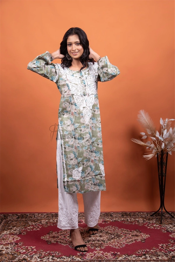 Chikankari Mulmul Print Straight Long Kurtis - Olive Green, M(38)