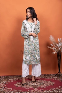 Chikankari Mulmul Print Straight Long Kurtis - Olive Green, M(38)