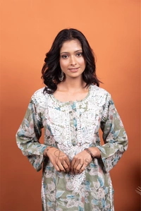 Chikankari Mulmul Print Straight Long Kurtis - Olive Green, M(38)
