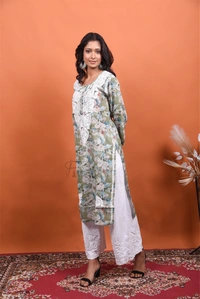 Chikankari Mulmul Print Straight Long Kurtis - Olive Green, M(38)