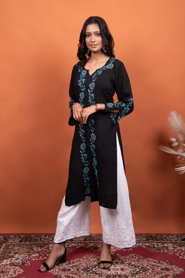 Black Chikankari Stylish Straight Long Kurti - Black, 3XL(48)