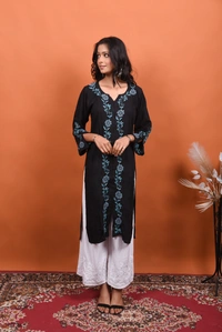 Black Chikankari Stylish Straight Long Kurti - Black, 3XL(48)
