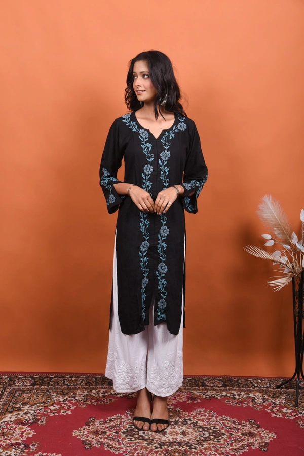 Black Chikankari Stylish Straight Long Kurti - Black, 3XL(48)