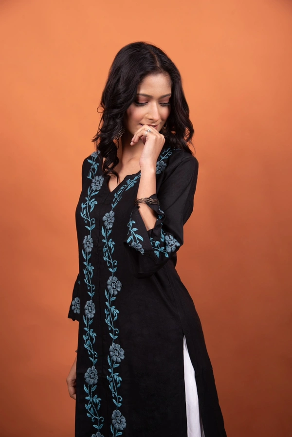 Black Chikankari Stylish Straight Long Kurti - Black, 3XL(48)
