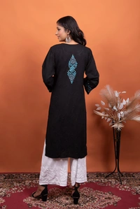 Black Chikankari Stylish Straight Long Kurti - Black, 3XL(48)