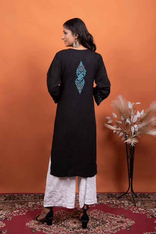 Black Chikankari Stylish Straight Long Kurti - Black, 3XL(48)