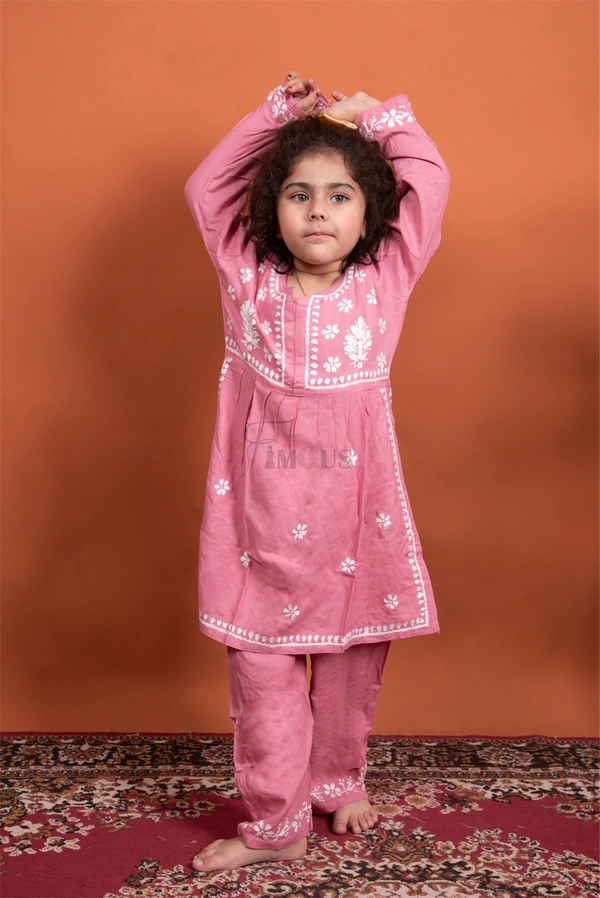 Onion Pink Kids Chikankari Naira Style Dress - Onion Pink, 22