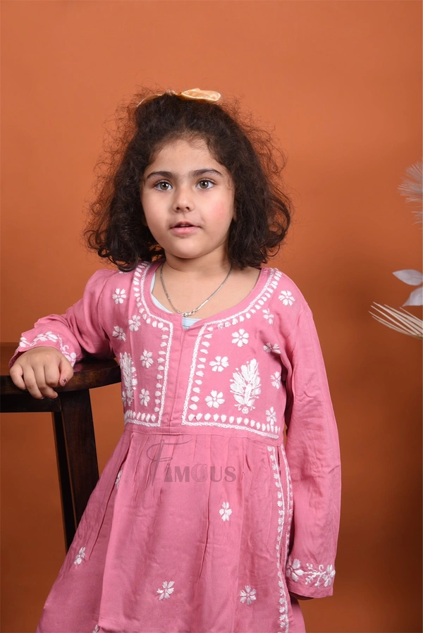 Onion Pink Kids Chikankari Naira Style Dress - Onion Pink, 22