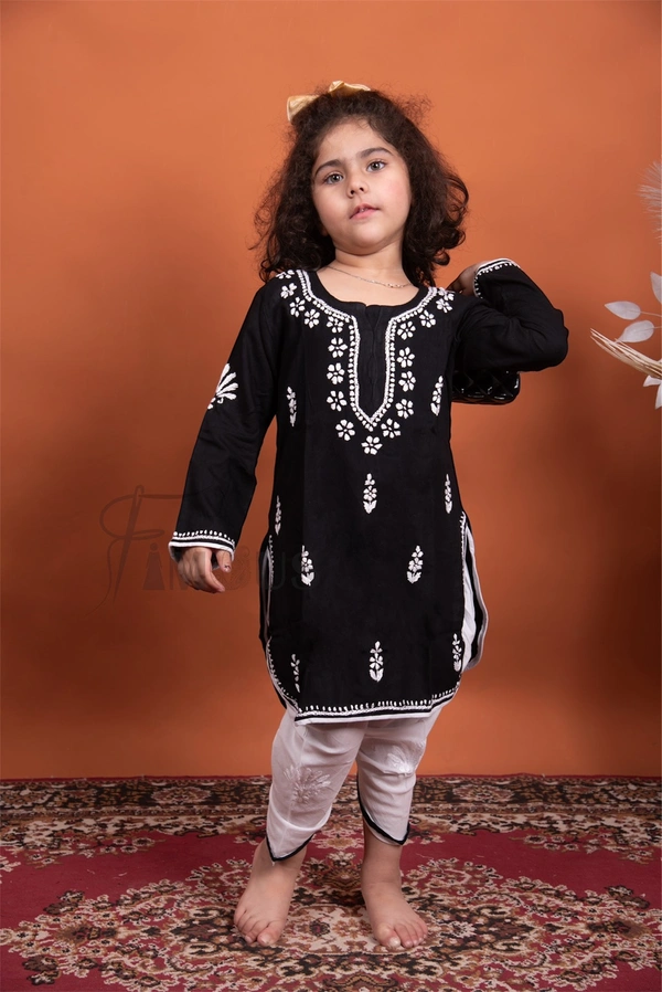 Black Chikankari Kidswear Dhoti Set - Black, 18