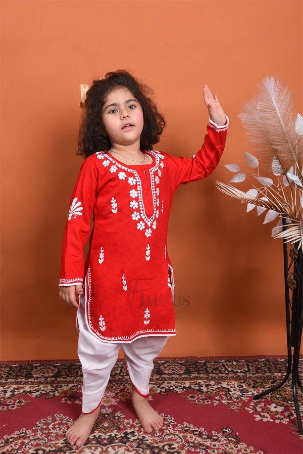Red Chikankari Kidswear Dhoti Set - Red, 18