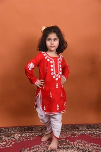 Red Chikankari Kidswear Dhoti Set - Red, 32