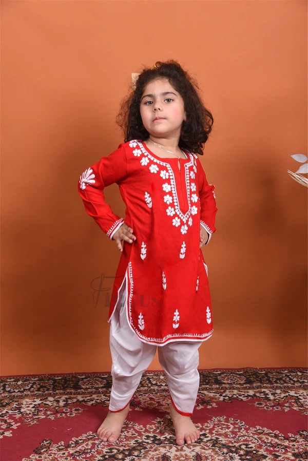 Red Chikankari Kidswear Dhoti Set - Red, 34