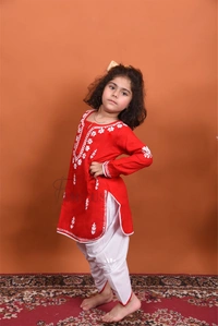 Red Chikankari Kidswear Dhoti Set - Red, 34