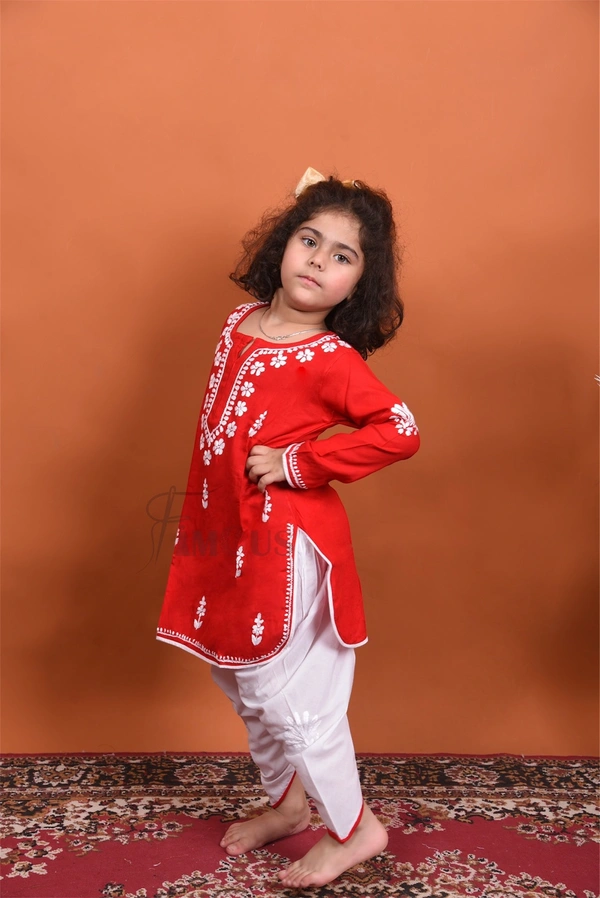 Red Chikankari Kidswear Dhoti Set - Red, 34
