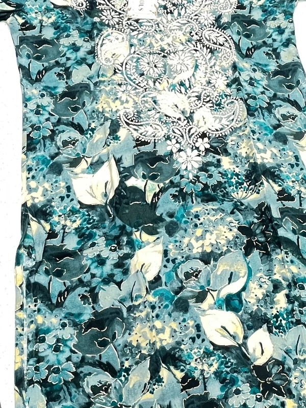 Reyon Gold Print Chikankari Straight Long Kurti - XL(42), Firoza Blue